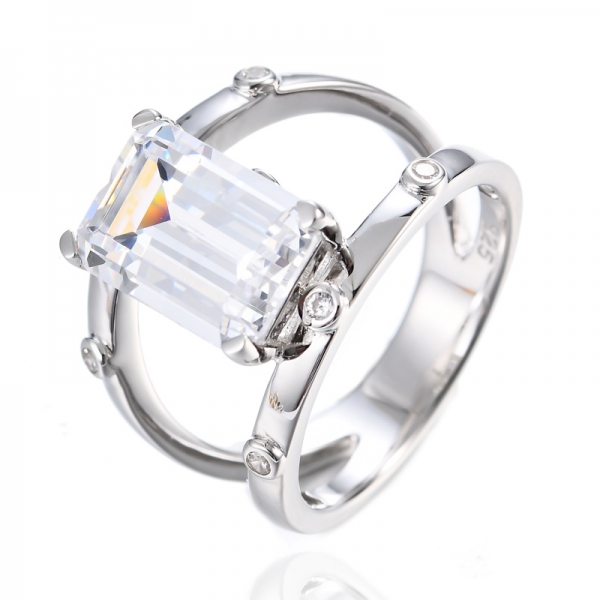 925 Emerald Cut And Round White Cubic Zirconia Rhodium Plating Silver Ring 