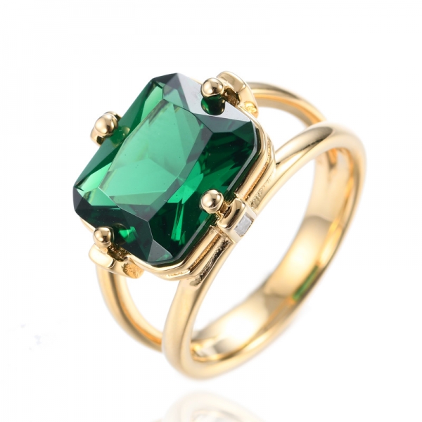 925 Octagon Green Emerald Center 18K Yellow Gold Plating Sterling Silver Ring 