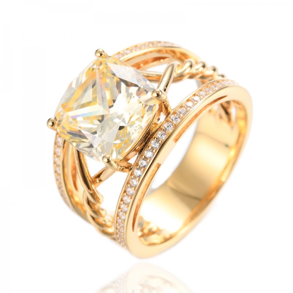 925 Cushion Canary Cubic Zirconia Center 18K Yellow Gold Plating Silver Ring 