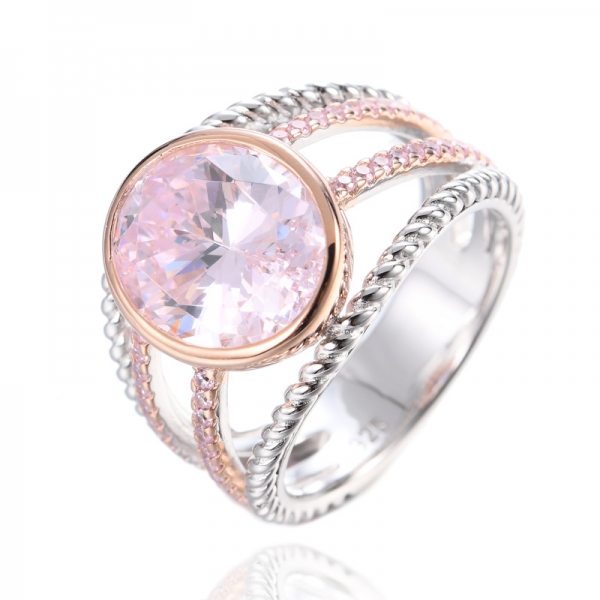 925 Oval Diamond Pink Cubic Zirconia Center Two Tone Plating Silver Ring 