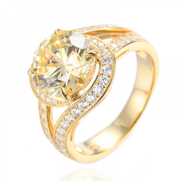 925 Round Canary Cubic Zirconia Center 18K Yellow Gold Plating Silver Ring 
