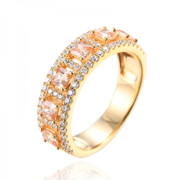 925 Princess Champagne Cubic Zirconia 18K Yellow Gold Plating Silver Ring 