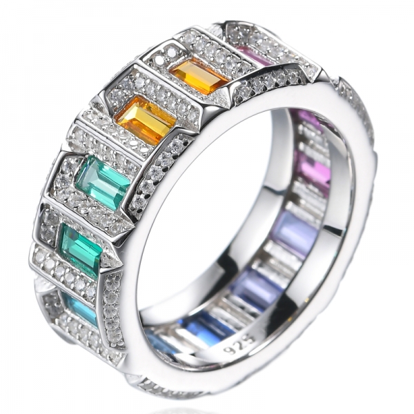 Rainbow Baguette Cubic Zirconia Ring Platinum Plated Eternity Cocktail Rings 