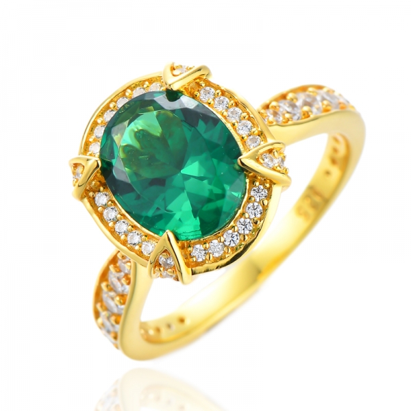 Created Green Emerald And White Cubic Zirconia Yellow Gold Over Sterling Silver Ring 