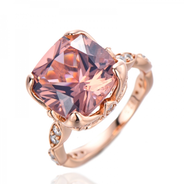 Simulated Morganite and White Cubic Rose-Tone Over Sterling Silver Cushion Pave Ring 