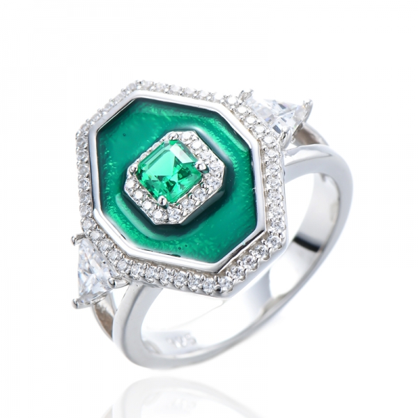 Green Emerald Gem Stone Enamel Silver Rings 