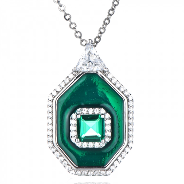 Fashion 925 Sterling Silver Custom CZ Emerald Green Enamel Pendant Necklace 