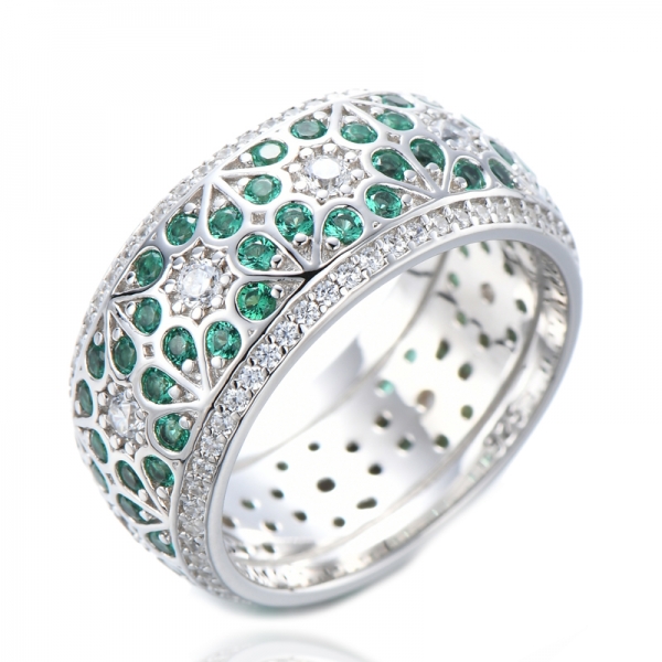 925 Sterling Silver Jewelry Round Green Emerald Simulated Eternity Band Ring 