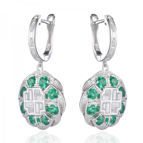 925 Sterling Silver Green Emerald Round Shape Drop Earrings for Women 