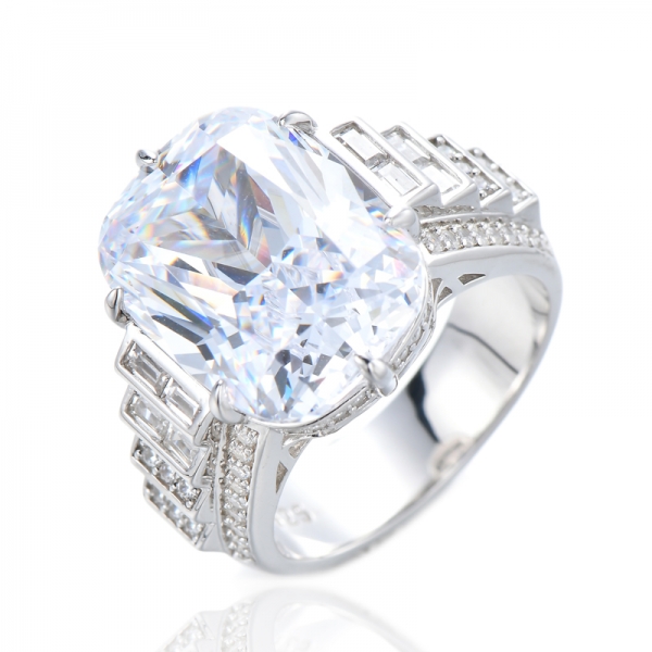 Rhodium Plated Sterling Silver Cushion Cut & Baguette Cubic Zirconia Step Cut Engagement Ring 