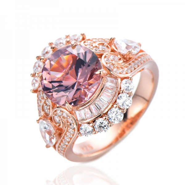 Floral Art Deco 4ct Round Cut Pink Morganite Split Band Halo Engagement Ring 