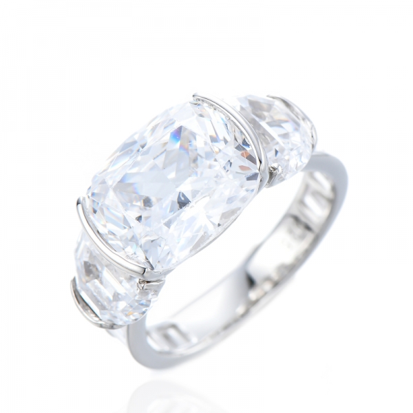 3 Stone Engagement Rings for Women with Cushion Cut CZ in Rhodium Plating 