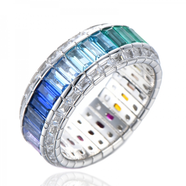 925 Sterling Silver Rhodium Plated Baguette Cut Simulated Blue Spinel and Cubic Zirconia Eternity Ring 
