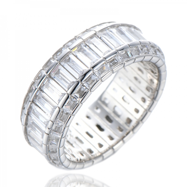 925 Sterling Silver Rhodium Plated Baguette Cut Simulated Blue Spinel and Cubic Zirconia Eternity Ring 