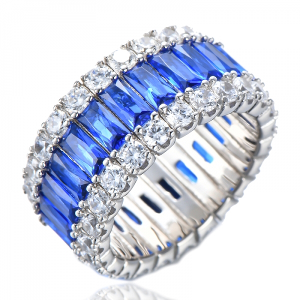 Sterling Silver 925 Baguette Cut Blue Sapphire Wide Eternity Ring With Rhodium Plated 