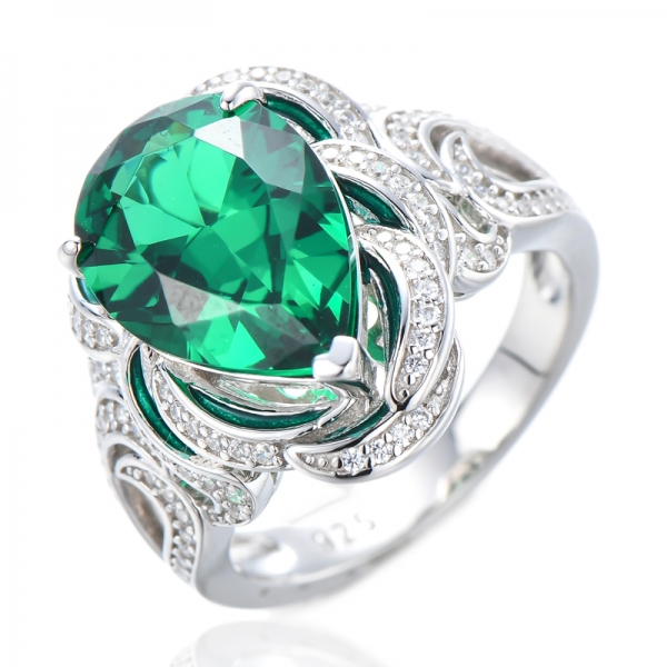 925 Sterling Silver Green Nano Emerald Women Ring (Pear 10*14mm) 