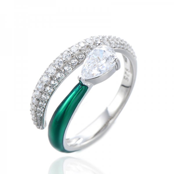Sterling Silver Pear Diamond CZ Black Enamel Engagement Rings 