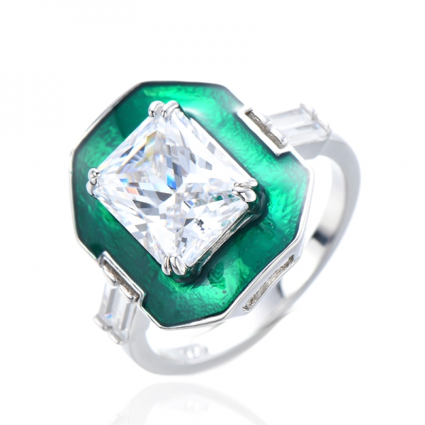 925 Sterling Sliver Ring Green Enamel With White Cubic Zirconia 