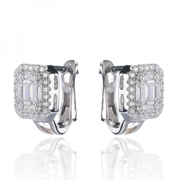 Sterling Silver Baguette Diamond Cluster Square Earrings 