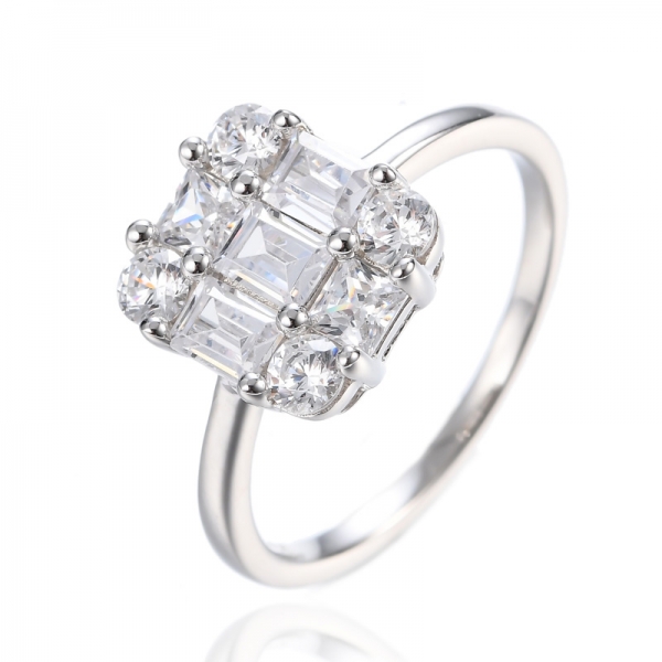 S925 Silver CZ Square Cluster Engagement Ring 