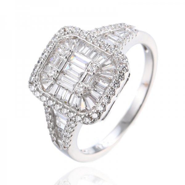 Sterling Silver Baguette Simulated Diamond Cluster Square Ring 