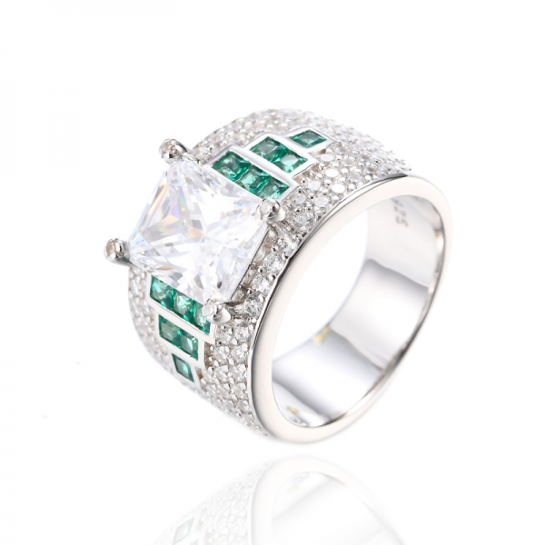 Unheated Square Green Emerald Simulated Cz 925 Sterling Silver Ring 