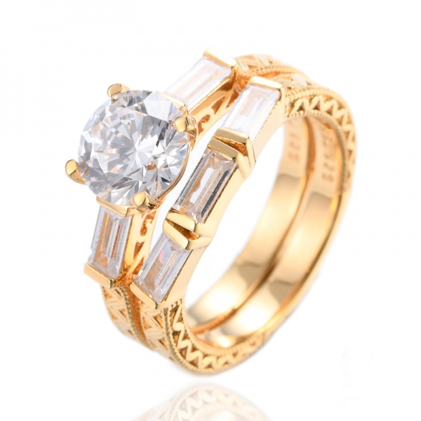 2 Ct Round Cut White CZ Three Stone Engagement Ring Set 18K Yellow Gold 