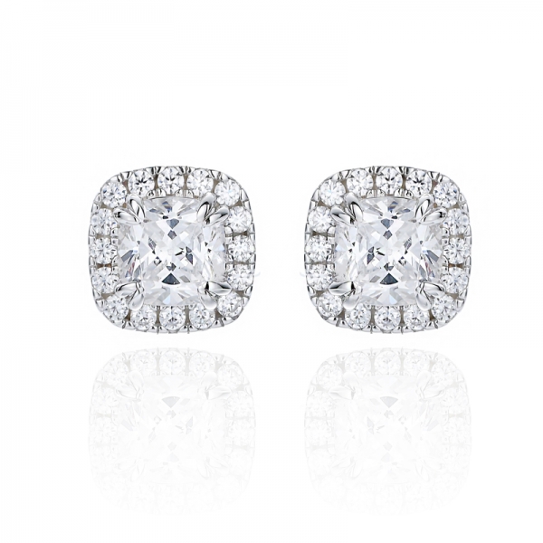 925 White Cushion and Round Cubic Zirconia  Rhodium Silver Earring 