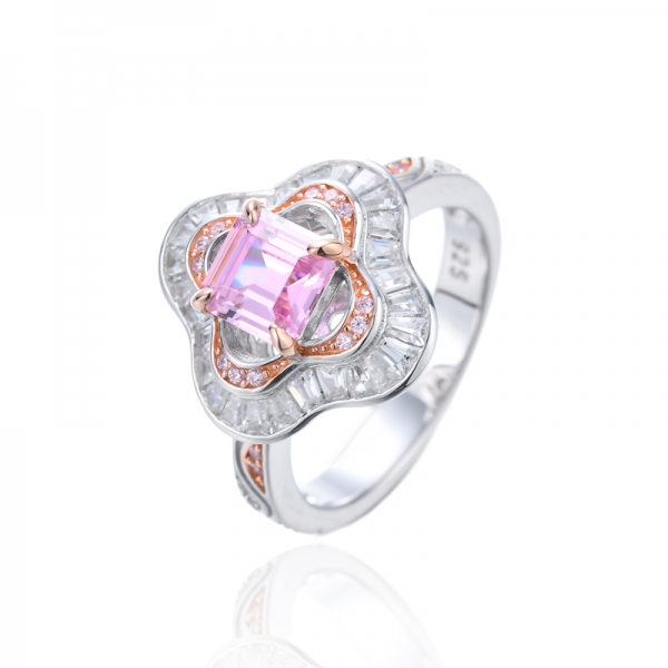 Asscher Pink And White Cubic Zirconia Silver Ring With Rhodium And Rose Glod Plating 