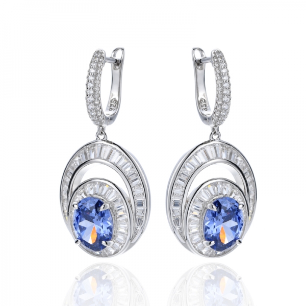 Oval Cut Tanzanite And White Cubic Zirconia Rhodium Silver Earring 