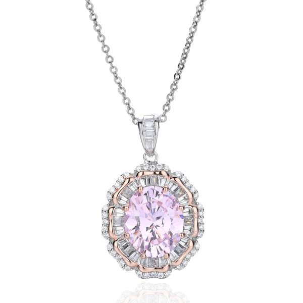 Oval Shape Morganite Nano And White Cubic Zircon Silver Pendant Whit Rose Gold Plating 