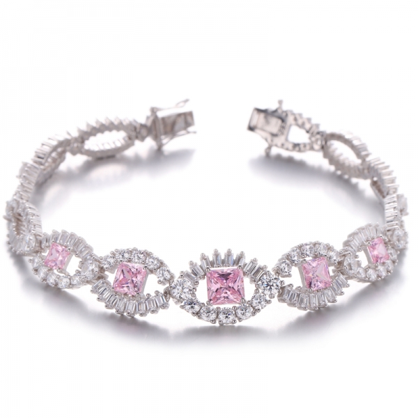 Octagon Pink And White Cubic Zirconia Rhodium Plating Silver Bracelet 