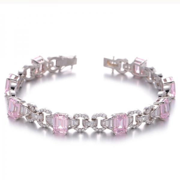 Emerald Shape Pink And White Cubic Zirconia Rhodium Plating Silver Bracelet 