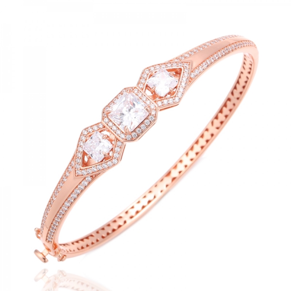 Octagon White Cubic Zirconia Silver Bangle With Rose Gold Plating 
