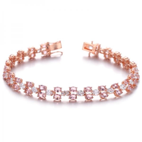 Oval Shape Morganite Nano And White Cubic Zirconia Silver Bracelet With Rose Gold Plating 