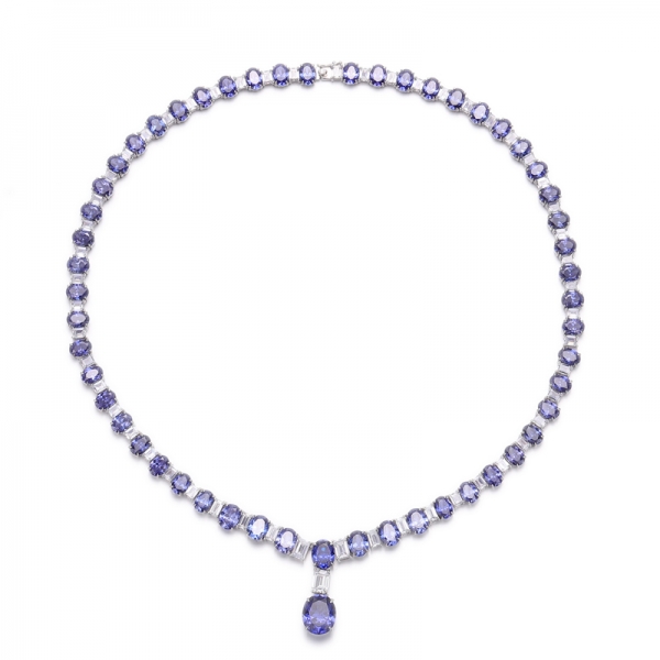 Oval Shape Tanzanite And White Cubic Zirconia Rhodium Plating Silver Necklace 