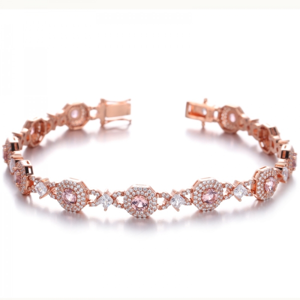 Round Morganite Nano And White Cubic Zirconia Silver Bracelet With Rose Gold Plating 