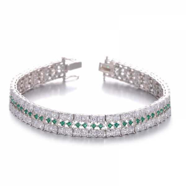 Octagon Green Nano And Square White Cubic Zirconia Rhodium Plating Silver Bracelet 