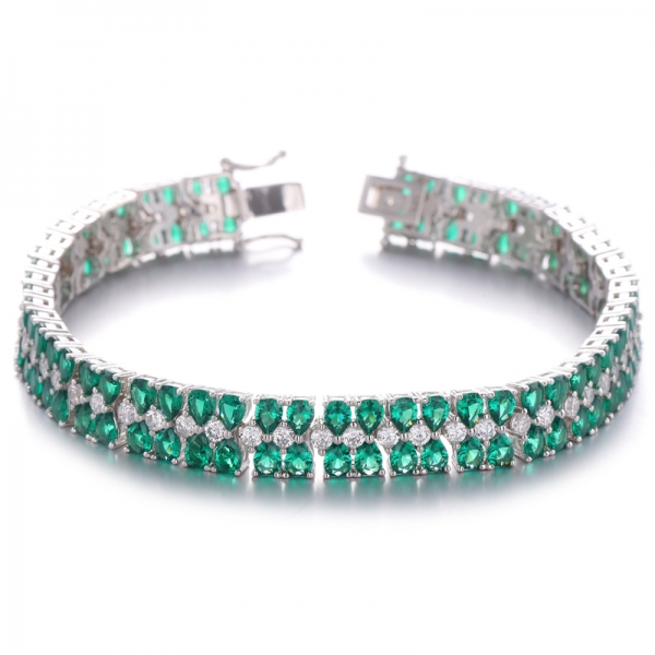 Pear Shape Green Nano And Round White Cubic Zirconia Rhodium Plating Silver Bracelet 