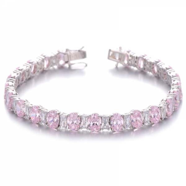 Oval Shape Pink And Baguette White Cubic Zirconia Rhodium Plating Silver Bracelet 