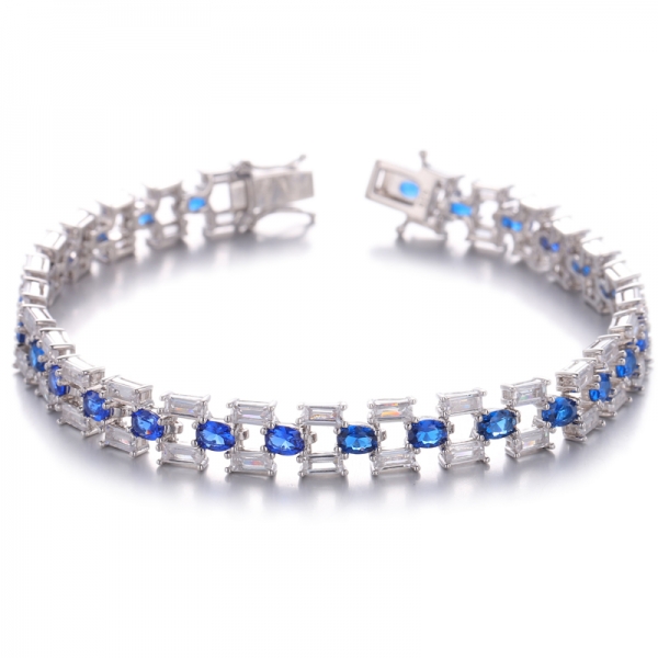 Oval Shape Blue Nano And Baguette White Cubic Zirconia Rhodium Plating Silver Bracelet 