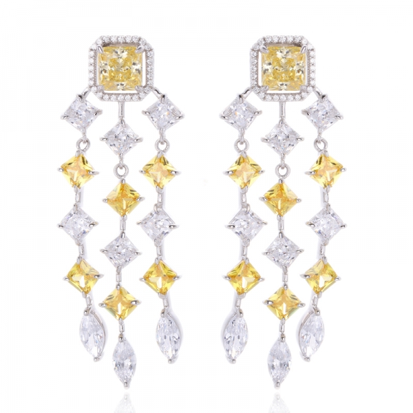 Octagon Shape Yellow And White Cubic Zirconia Rhodium Silver Earring 