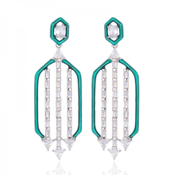 Green Enamel And White Cubic Zirconia Rhodium Silver Earring 