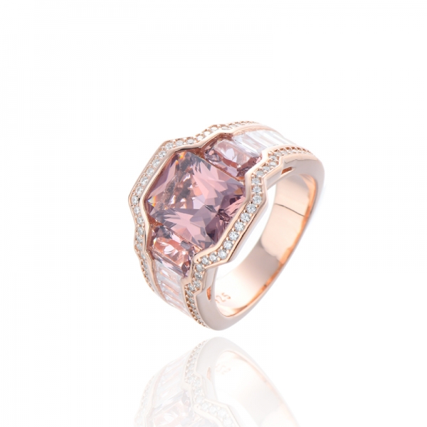 Octagon Morganite Nano And White Cubic Zircon Silver Ring With Rose Gold Plating 