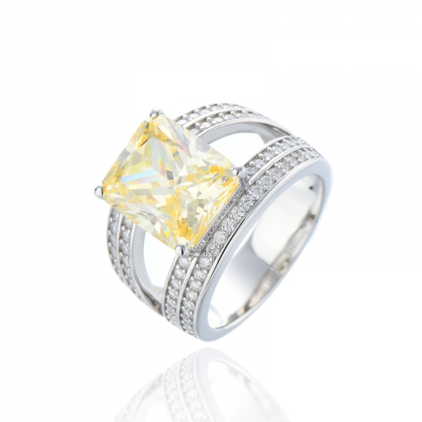 Octagon Diamond Yellow And Round White Cubic Zircon Rhodium Silver Ring 