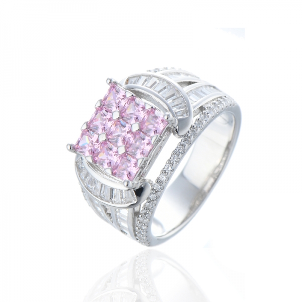 Octagon Pink And White Cubic Zircon Rhodium Silver Ring 