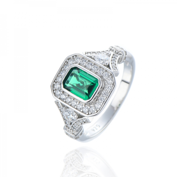 Emerald Cut Green Nano And Round White Cubic Zircon Rhodium Silver Ring 