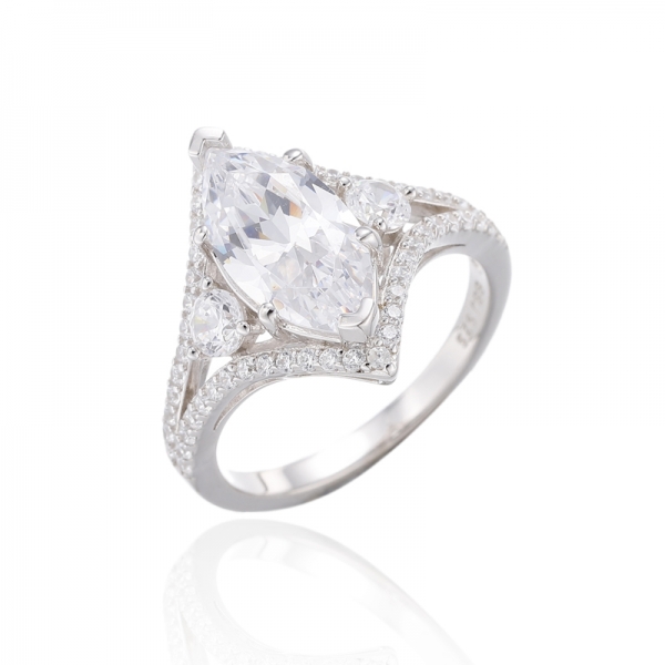Marquise And Round White Cubic Zircon Rhodium Silver Ring 