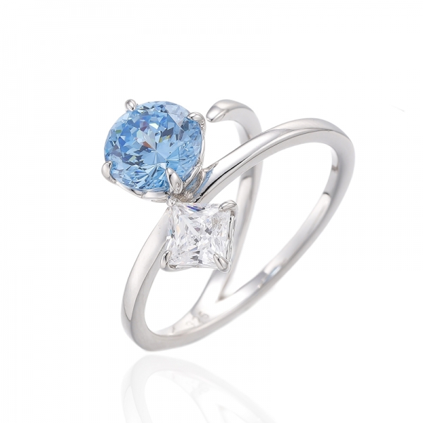 Round Diamond Blue And Square White Cubic Zircon Rhodium Silver Ring 