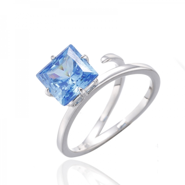 Square Diamond Blue Cubic Zircon Rhodium Silver Ring 